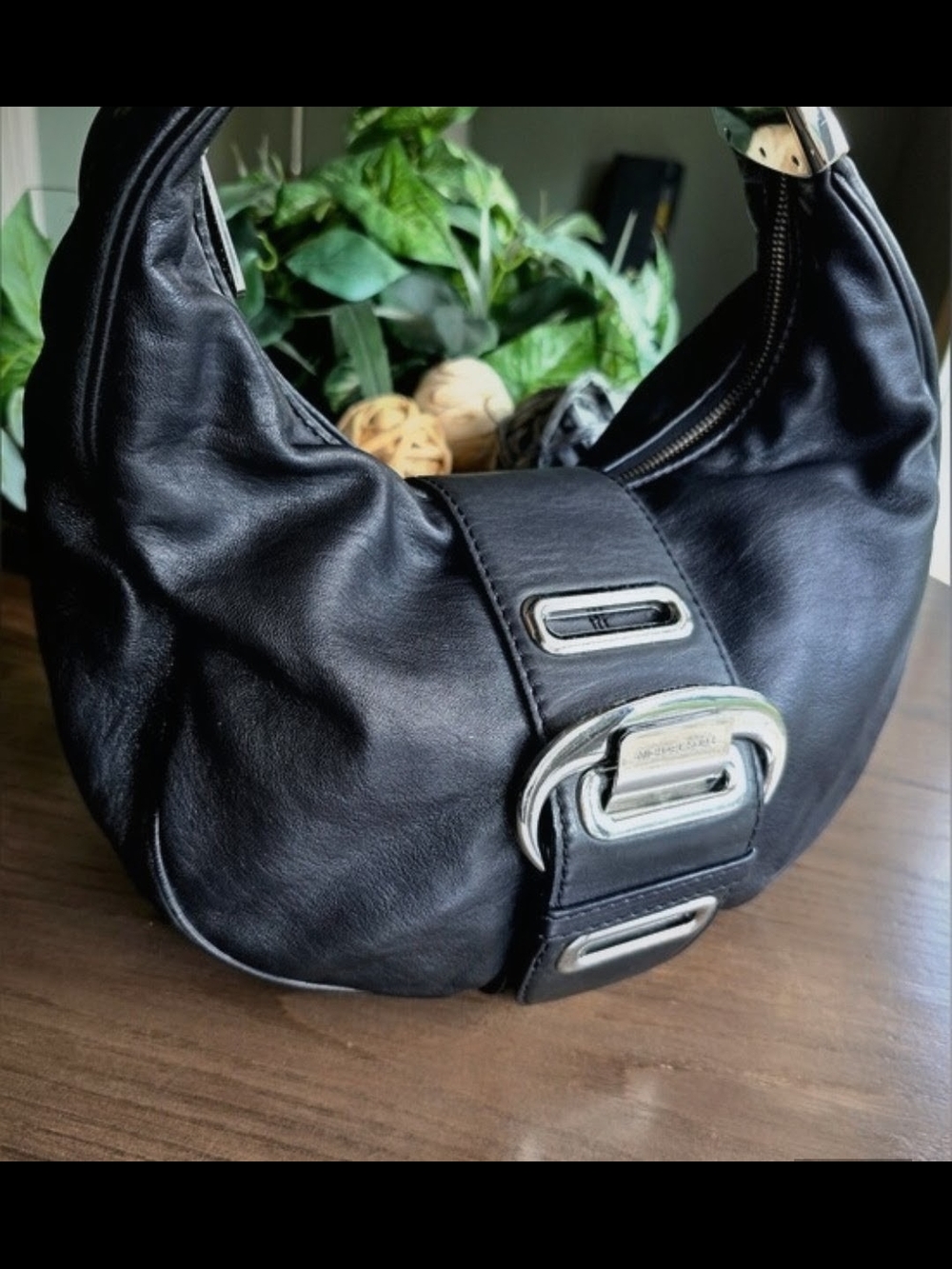 Michael Kors Black Leather Shoulder Hobo with Silver Buckle Accent - Picture 2 of 5